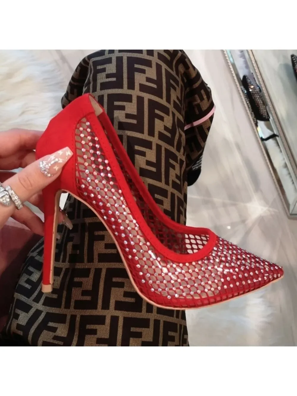 🍒last 7.5 🍓 Red  Sexy Fishnet pointed Heel
